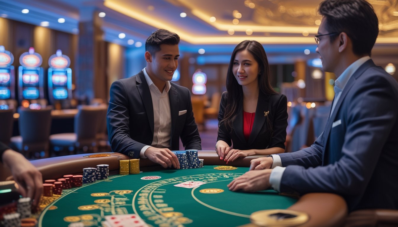 Beberapa pemain sedang bermain kartu Red Dog Poker dan Pai Gow Poker di meja kasino dengan suasana yang ramai dan penuh fokus.