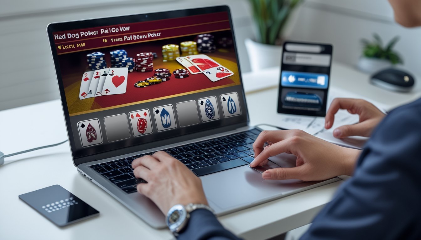 Seseorang menggunakan komputer dengan layar menampilkan permainan kartu Red Dog Poker dan Pai Gow Poker serta alat pembayaran digital di meja.