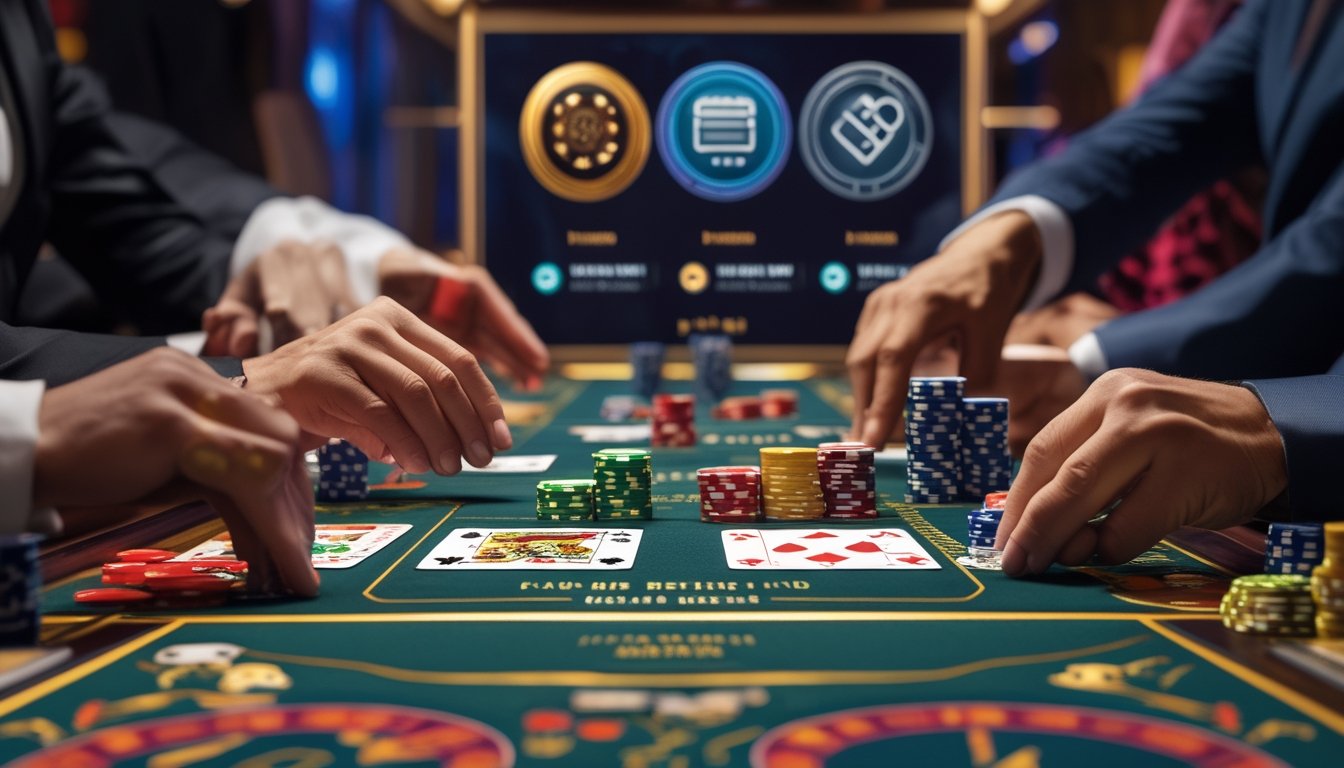 Meja kasino dengan kartu dan chip poker, pemain sedang bermain Red Dog Poker dan Pai Gow Poker dengan latar belakang elemen sistem deposit cepat.