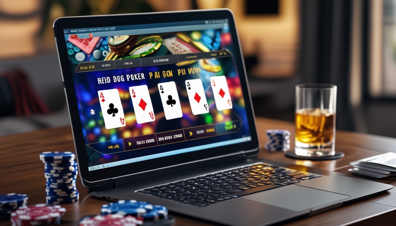 Sebuah meja dengan komputer menampilkan permainan poker online, kartu remi dan chip poker tersebar di atas meja kayu, dengan minuman di sampingnya.