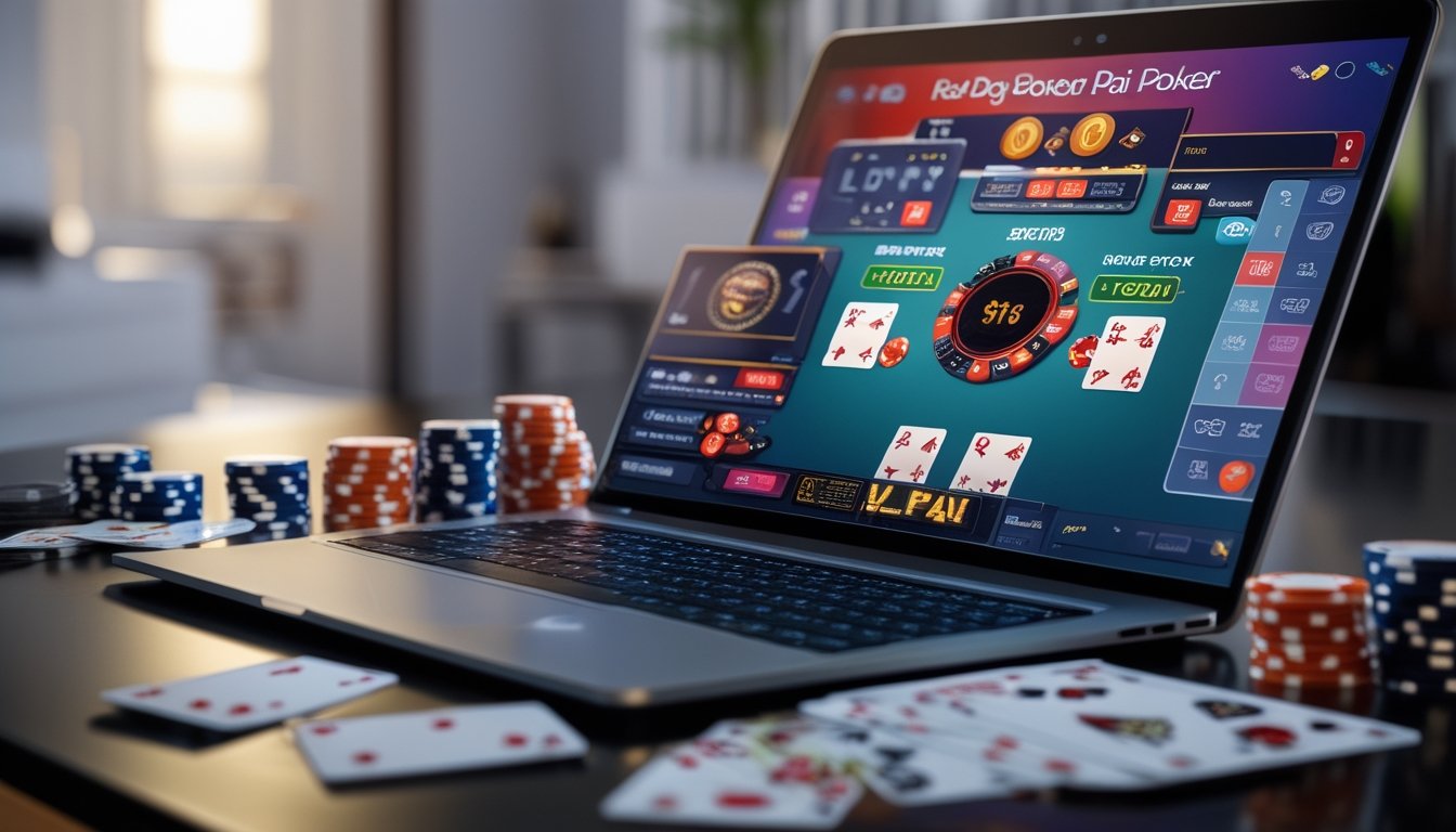 Sebuah meja dengan komputer dan kartu remi yang menampilkan permainan poker online, dengan tumpukan chip dan suasana yang nyaman.