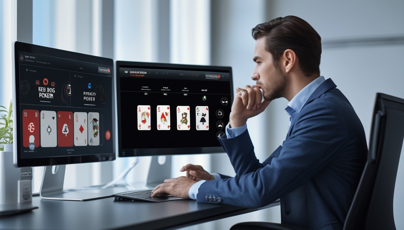 Seorang profesional duduk di meja modern dengan beberapa perangkat digital yang menampilkan permainan poker online, terlihat fokus dan serius dalam suasana yang aman dan terpercaya.