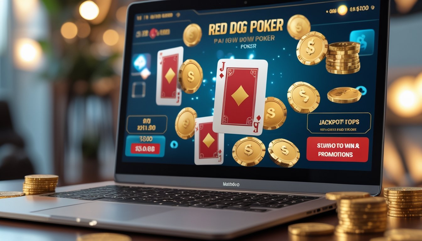 Sebuah meja dengan komputer menampilkan permainan kartu poker online dan tumpukan chip poker di lingkungan rumah atau kantor yang modern.