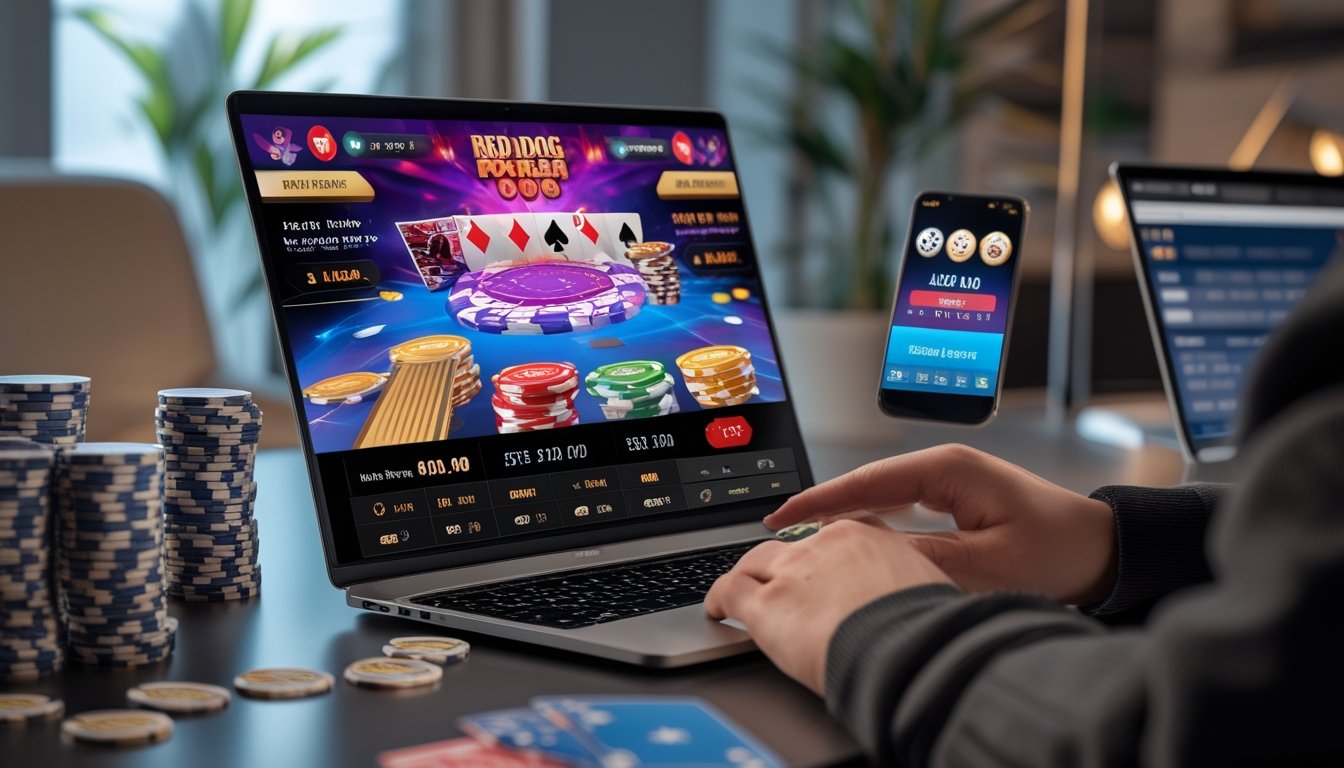 Sebuah meja dengan laptop yang menampilkan permainan poker online, dikelilingi oleh chip poker dan kartu bermain.
