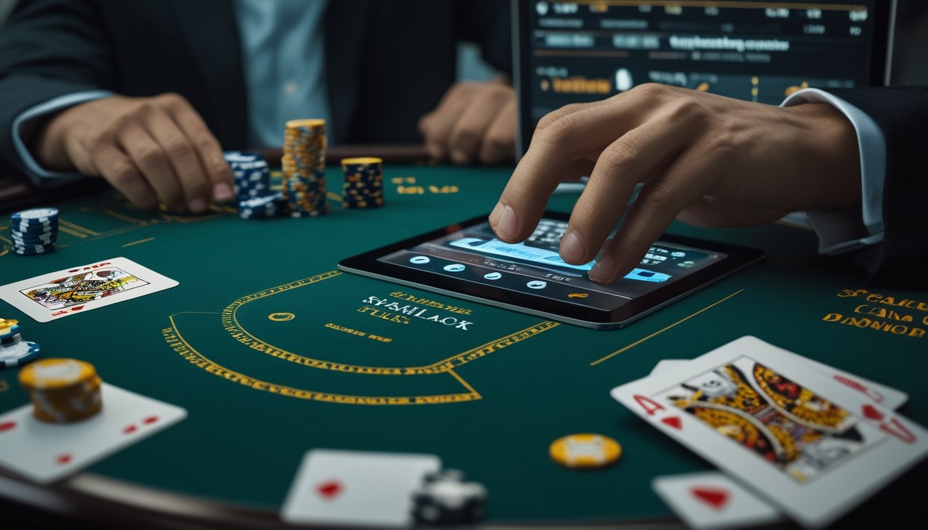 Tampilan meja blackjack dengan kartu dan chip serta layar perangkat digital yang menampilkan perangkat lunak taruhan otomatis.
