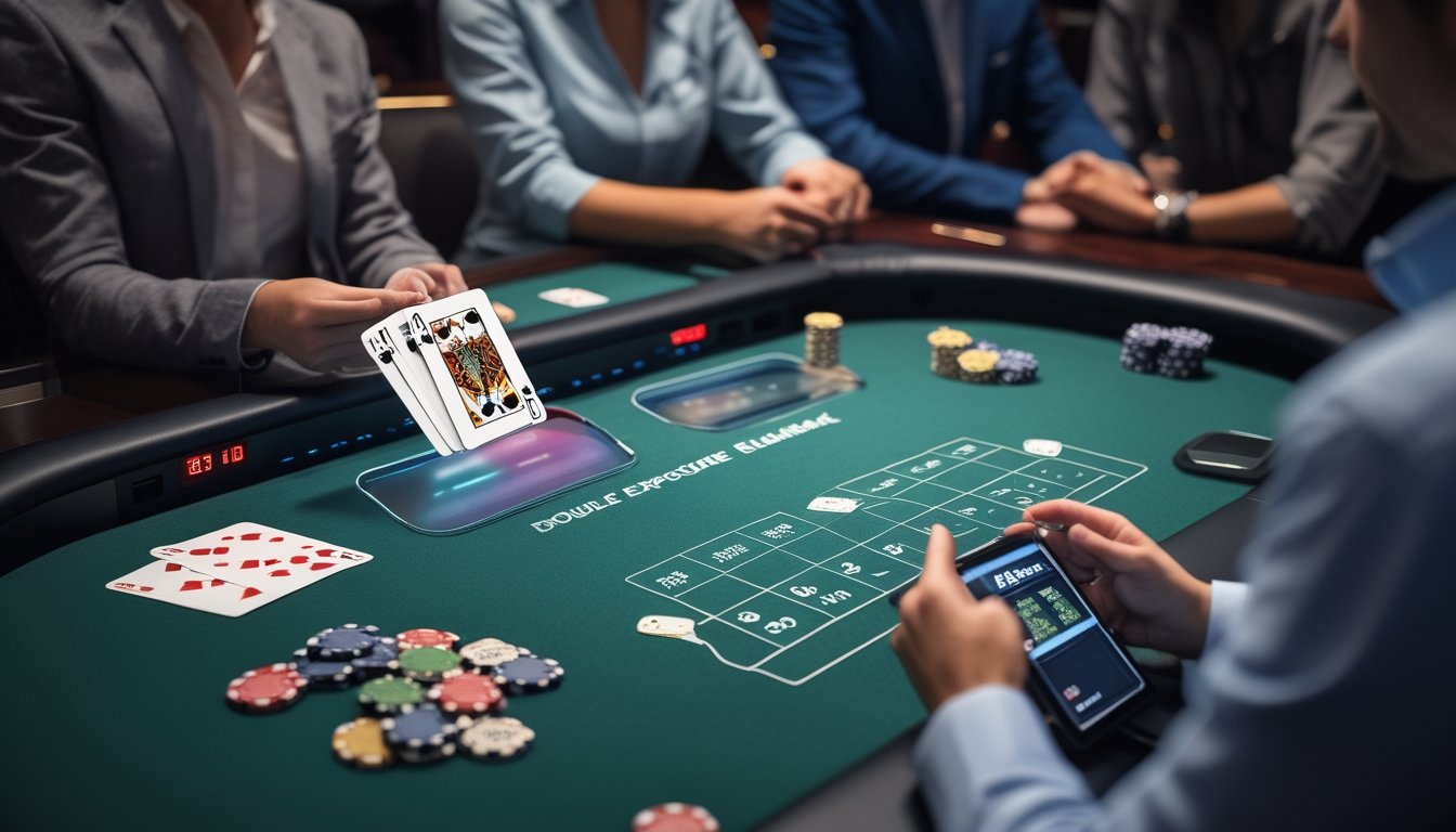 Meja blackjack dengan kartu tumpang tindih dan orang yang sedang belajar menggunakan sistem taruhan otomatis di kasino.