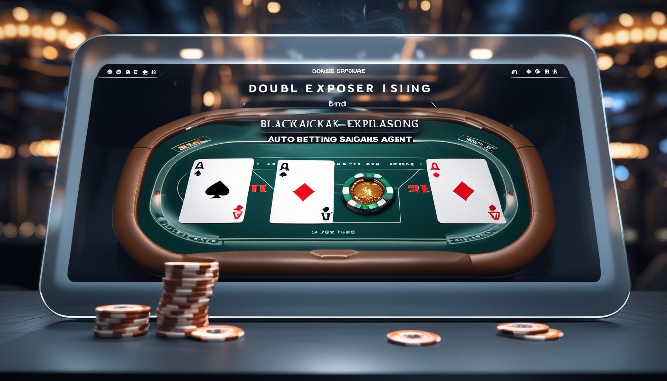Suasana meja blackjack dan Spanish 21 dengan kartu dan chip di layar komputer dalam lingkungan kasino yang elegan.