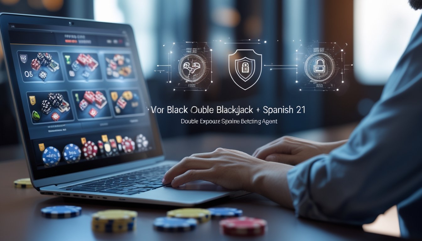 Seorang pemain dewasa menggunakan komputer dengan tampilan permainan kartu blackjack dan Spanish 21 online, di latar belakang terdapat simbol keamanan digital yang menunjukkan keamanan dan kepercayaan situs.