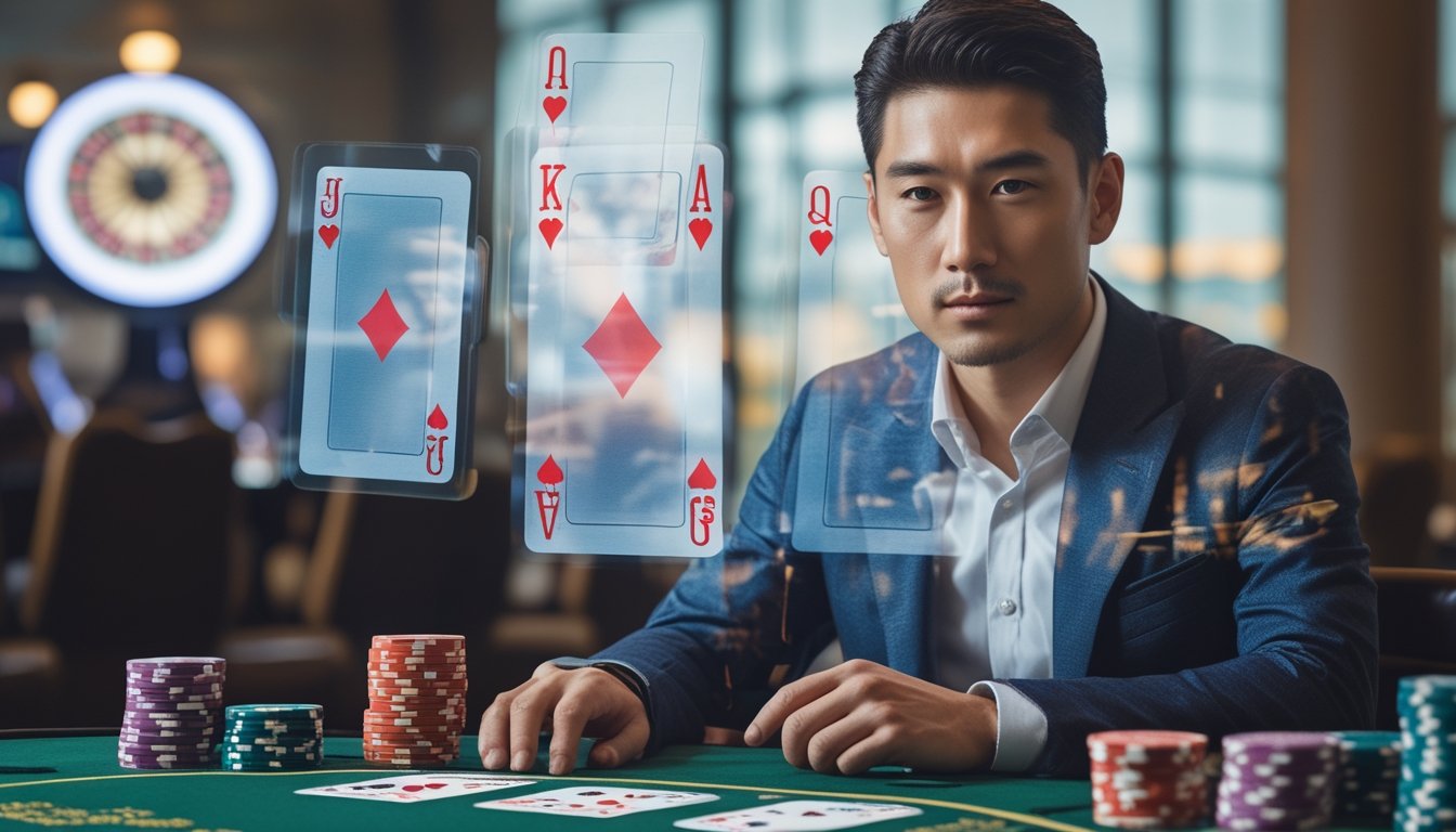 Seorang pria Asia duduk di meja kasino dengan kartu dan chip, wajahnya terlihat fokus dengan gambar transparan kartu blackjack dan Spanish 21 di latar belakang.