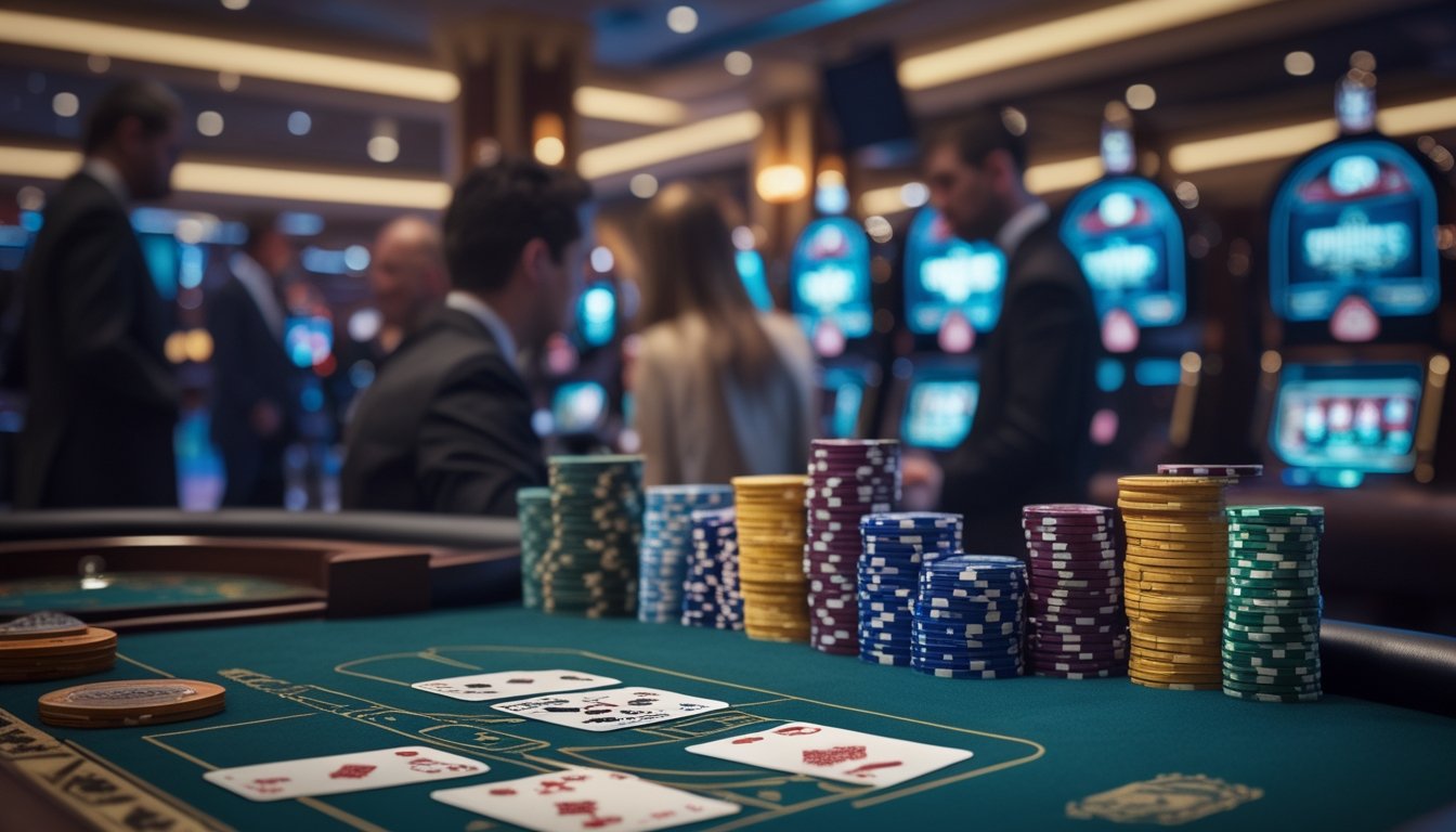 Meja blackjack di kasino dengan dealer dan pemain yang sedang bermain kartu, tumpukan chip taruhan, dan suasana kasino yang mewah.
