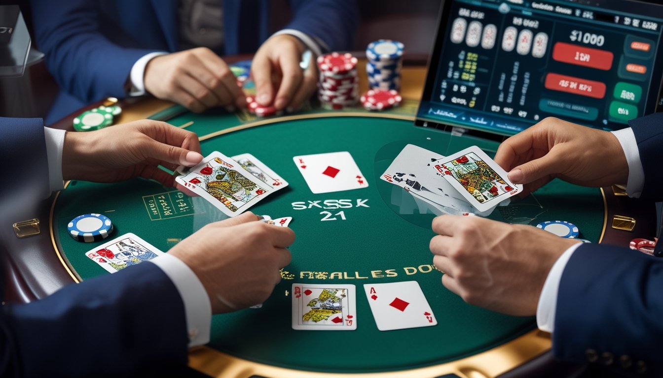 Tangan yang sedang membagikan kartu Blackjack dan Spanish 21 di meja kasino dengan tampilan digital statistik dan opsi taruhan.