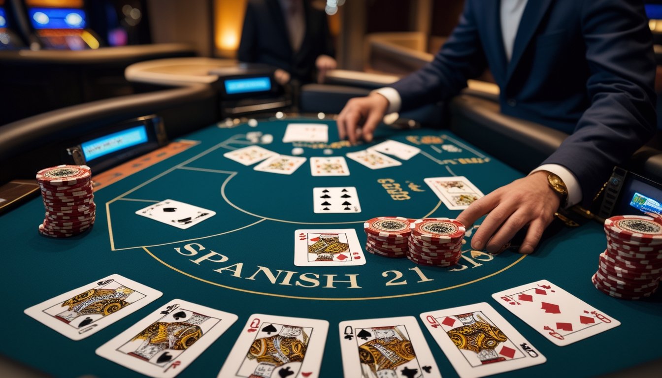 Meja kasino dengan kartu Double Exposure Blackjack dan Spanish 21, dealer sedang mengatur permainan dengan tumpukan chip di meja.