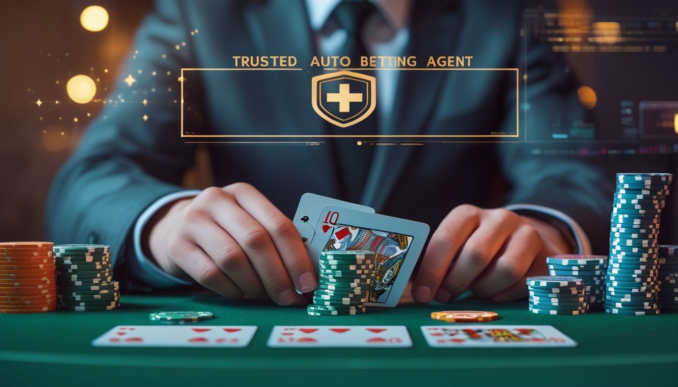 Seorang dealer profesional sedang membagikan kartu di meja blackjack dengan tumpukan chip dan latar belakang yang menunjukkan simbol keamanan dalam taruhan.
