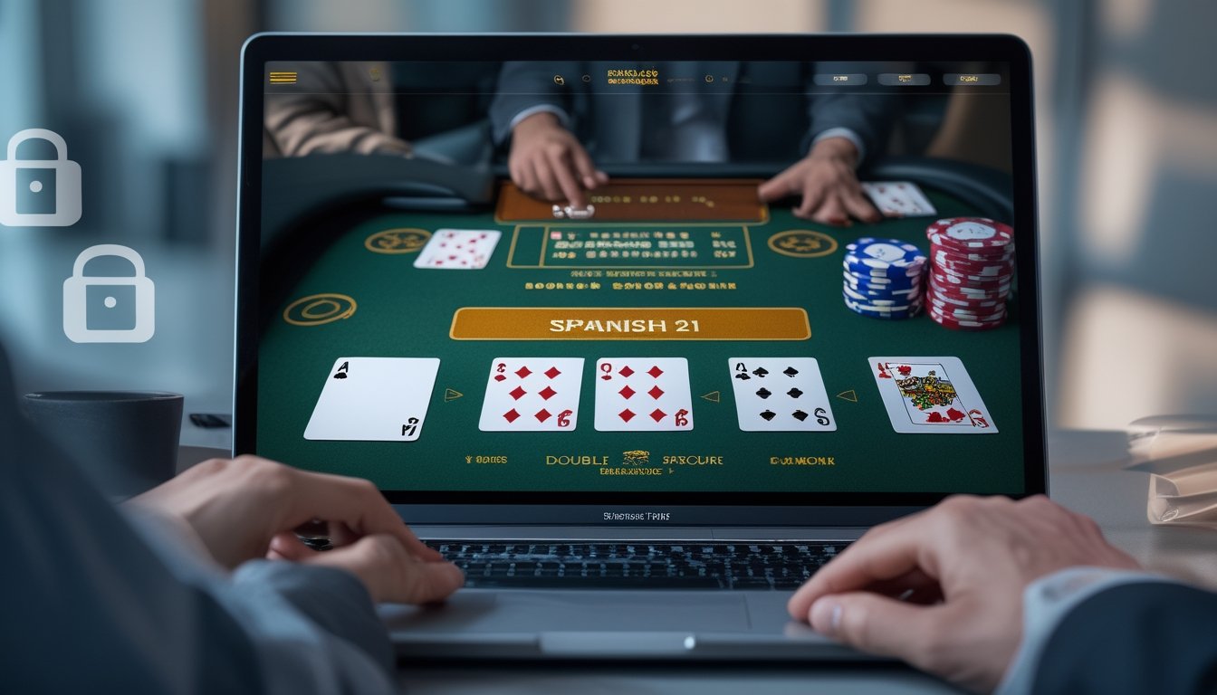 Tangan seseorang menggunakan komputer dengan tampilan meja blackjack digital dan ikon keamanan di latar belakang.