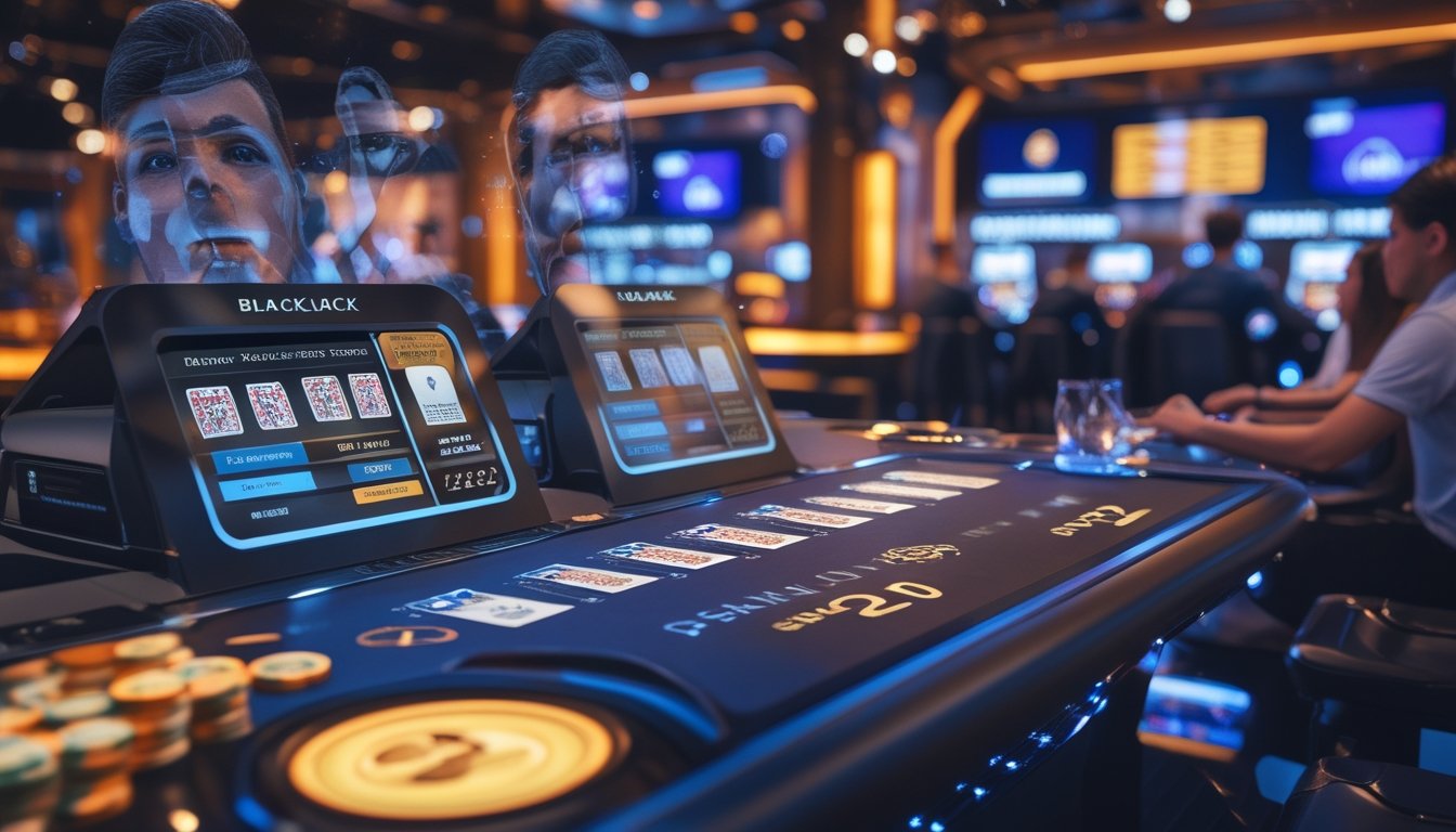 Suasana kasino modern dengan meja blackjack dan pemain yang fokus, menampilkan kartu dan chip taruhan.