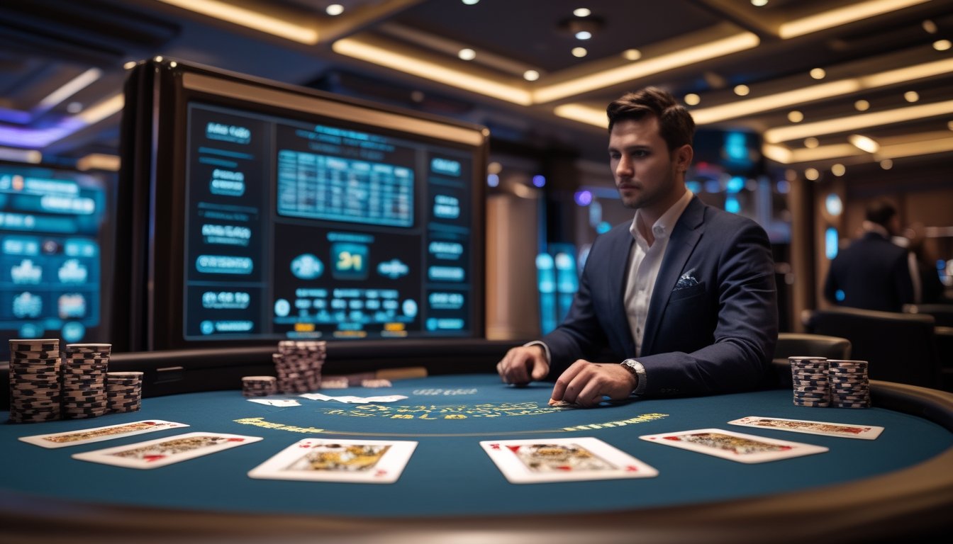Seorang pemain berpakaian rapi duduk di meja blackjack dengan kartu dan chip, di latar belakang terlihat layar digital yang menunjukkan sistem taruhan otomatis.
