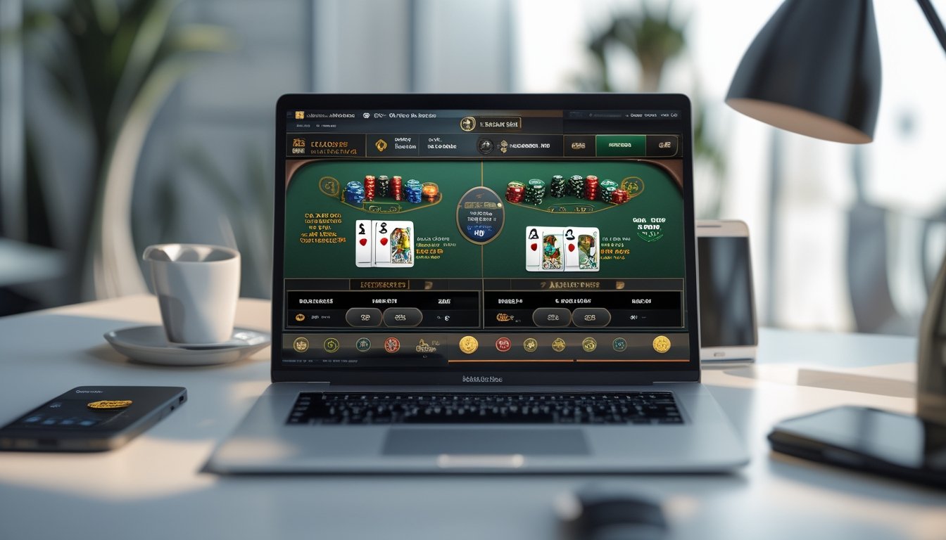 Sebuah laptop menampilkan dua jenis permainan blackjack secara berdampingan, dengan kartu dan chip taruhan di layar, di atas meja kerja yang rapi.