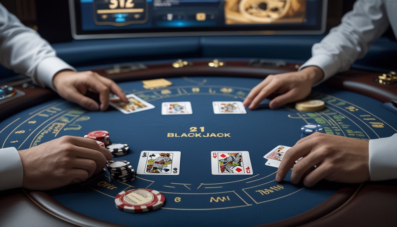 Meja blackjack dengan dua permainan berbeda, kartu dan chip terlihat jelas, di latar belakang layar digital yang menunjukkan platform taruhan online.