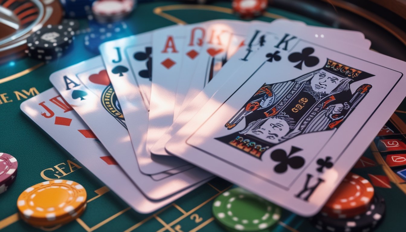 Gambar close-up kartu blackjack dan Spanish 21 dengan tumpukan chip kasino di latar belakang.