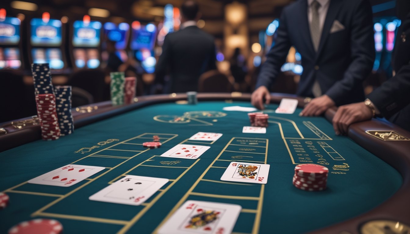 Meja blackjack dengan kartu dan chip, dealer melayani pemain di kasino yang mewah.