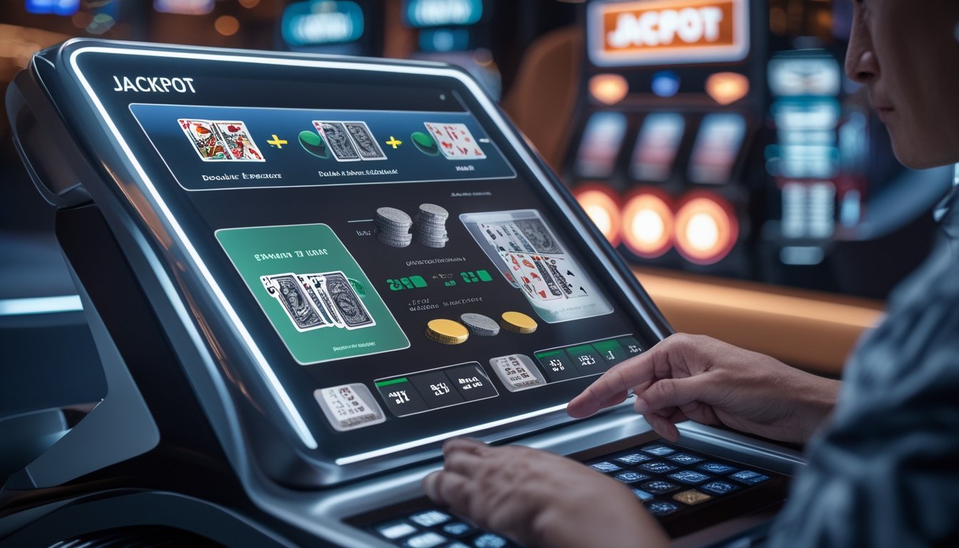 Seorang pemain sedang menggunakan perangkat layar sentuh di kasino dengan kartu blackjack dan chip taruhan di meja.