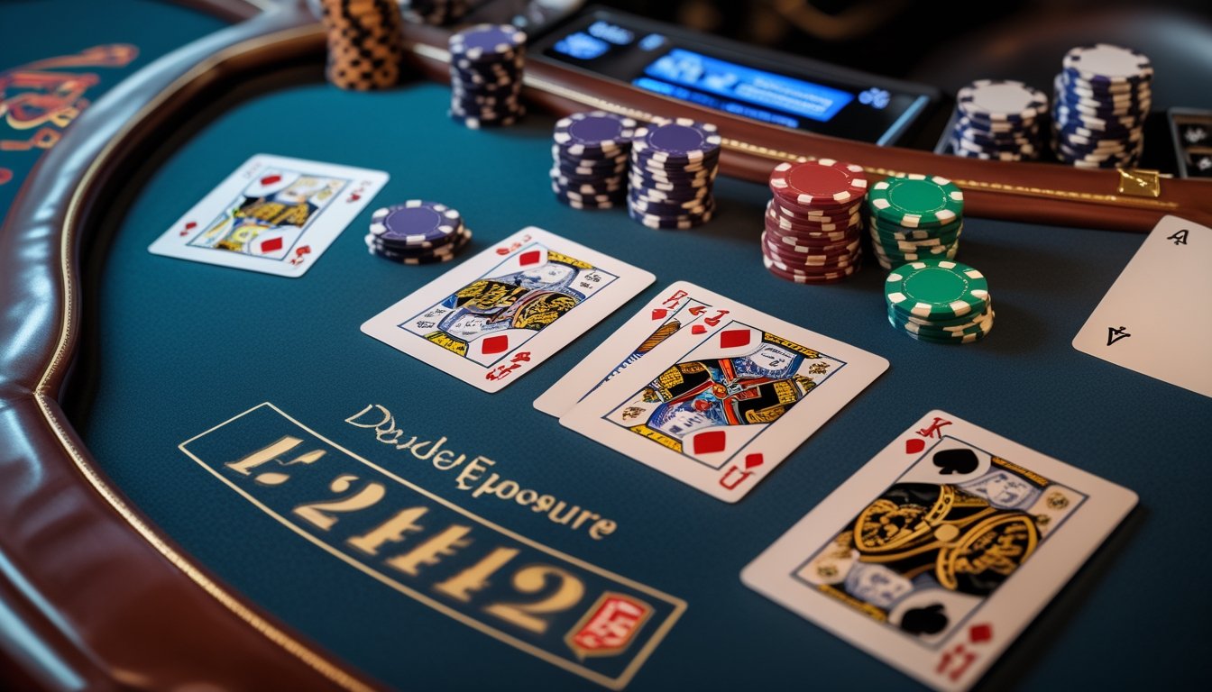 Meja kasino dengan kartu Double Exposure Blackjack dan Spanish 21, tumpukan chip taruhan, dan mesin taruhan otomatis di latar belakang.
