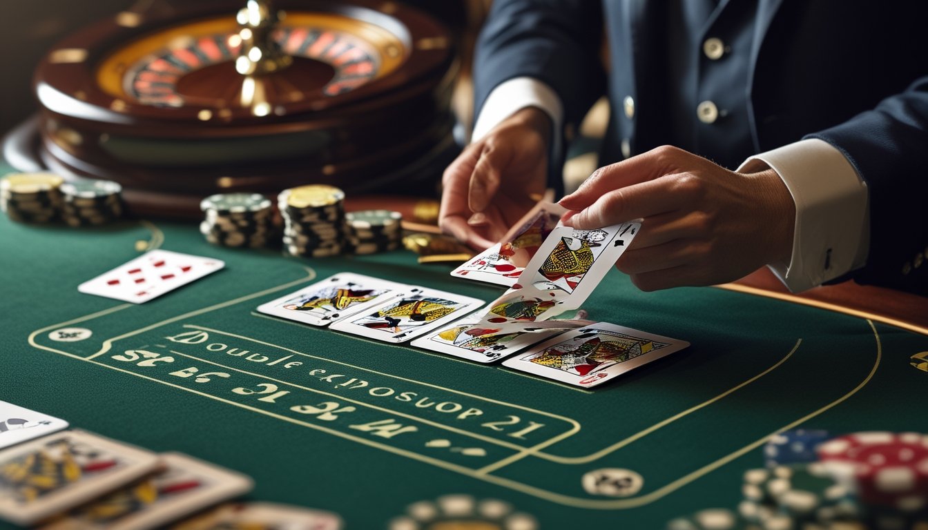 Tangan dealer sedang membagikan kartu di meja permainan kasino dengan kartu Double Exposure Blackjack dan Spanish 21 terlihat jelas.