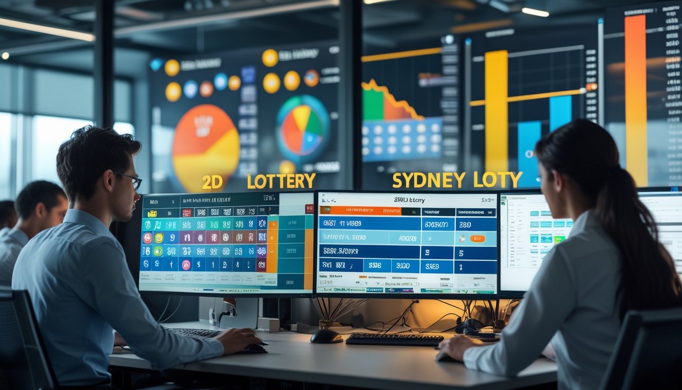 Sejumlah profesional bekerja di kantor modern dengan layar komputer menampilkan grafik dan angka togel, mencerminkan aktivitas taruhan dan deposit cepat.