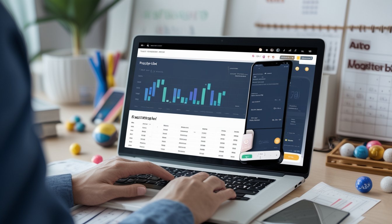 Seseorang menggunakan laptop dan ponsel di meja kerja dengan tampilan antarmuka taruhan togel dan transaksi deposit cepat.