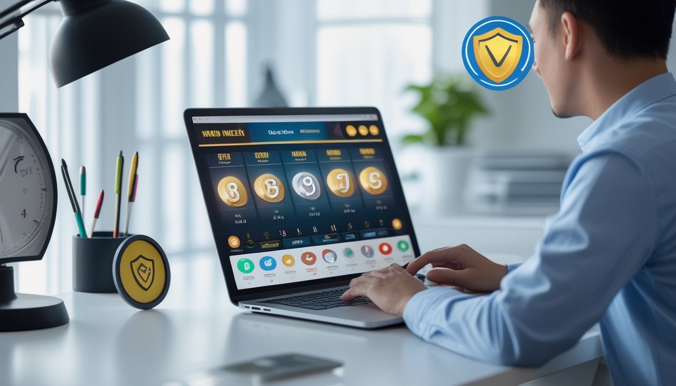 Seseorang sedang menggunakan laptop di meja kerja dengan tampilan permainan togel online dan simbol jackpot di latar belakang.