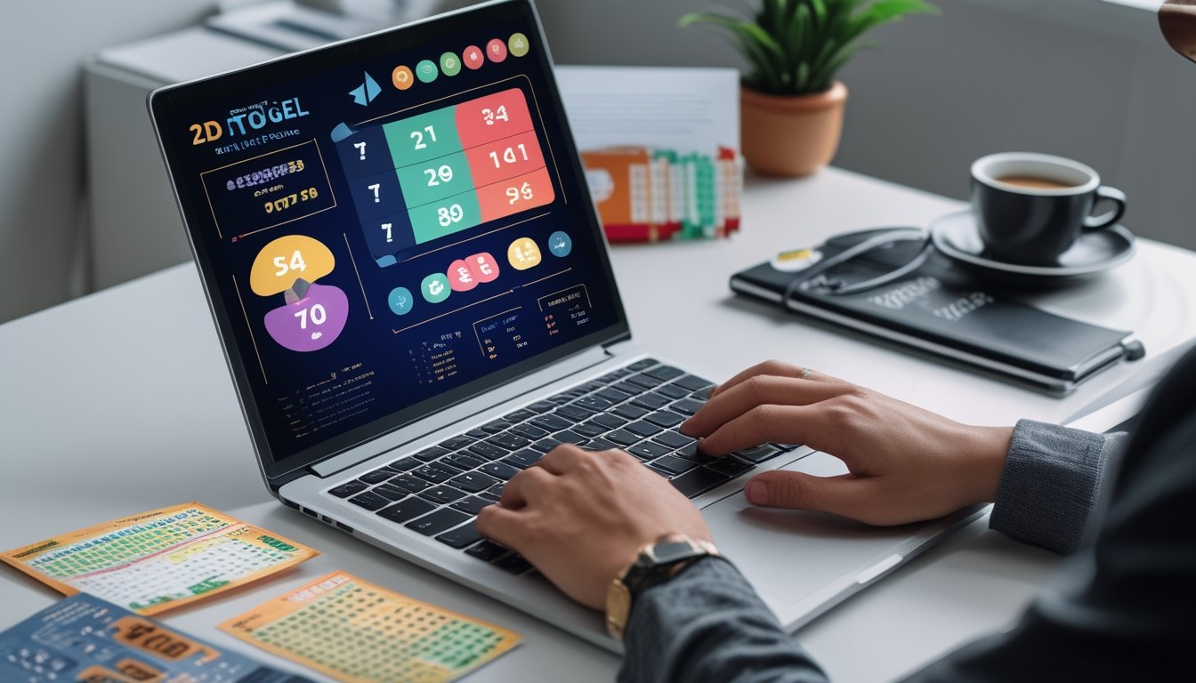 Seorang individu sedang bekerja dengan laptop dan smartphone di meja yang rapi, dikelilingi tiket lotere dan alat tulis, fokus pada aktivitas taruhan togel.