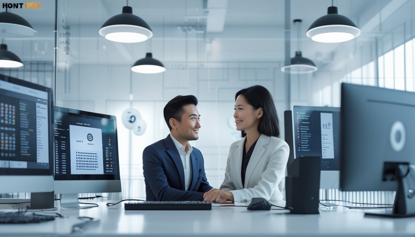 Dua orang profesional bekerja sama di kantor modern dengan komputer yang menampilkan angka togel dan sistem pembayaran otomatis.