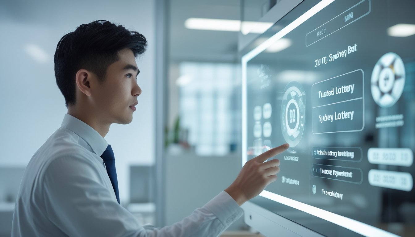 Seorang pria muda sedang menggunakan layar sentuh digital untuk sistem pembayaran otomatis di kantor modern.