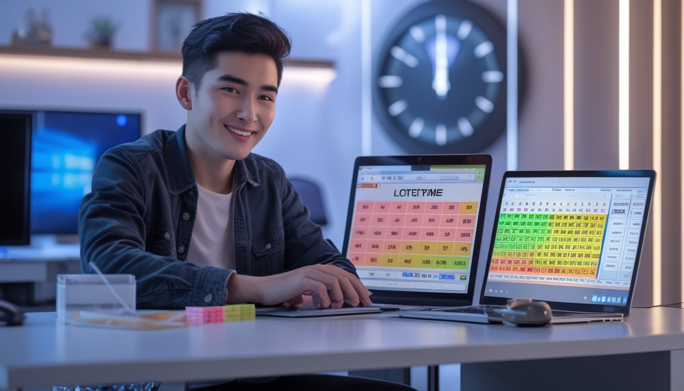 Seorang dewasa muda duduk di meja dengan laptop dan ponsel yang menampilkan permainan togel online, suasana nyaman dan teknologi modern terlihat di sekitar.
