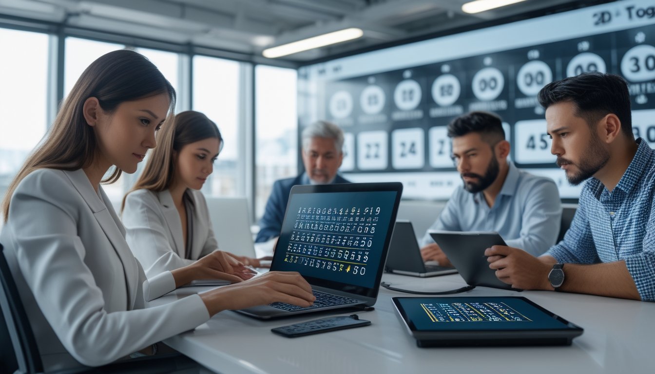 Beberapa orang sedang menggunakan laptop dan tablet di ruang kantor modern dengan tampilan angka dan grafik yang menggambarkan permainan togel.