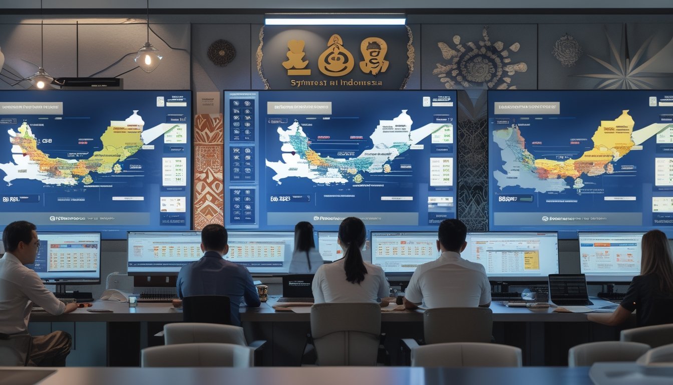 Orang-orang di kantor modern sedang menganalisis data lotere dengan layar digital besar dan perangkat elektronik.