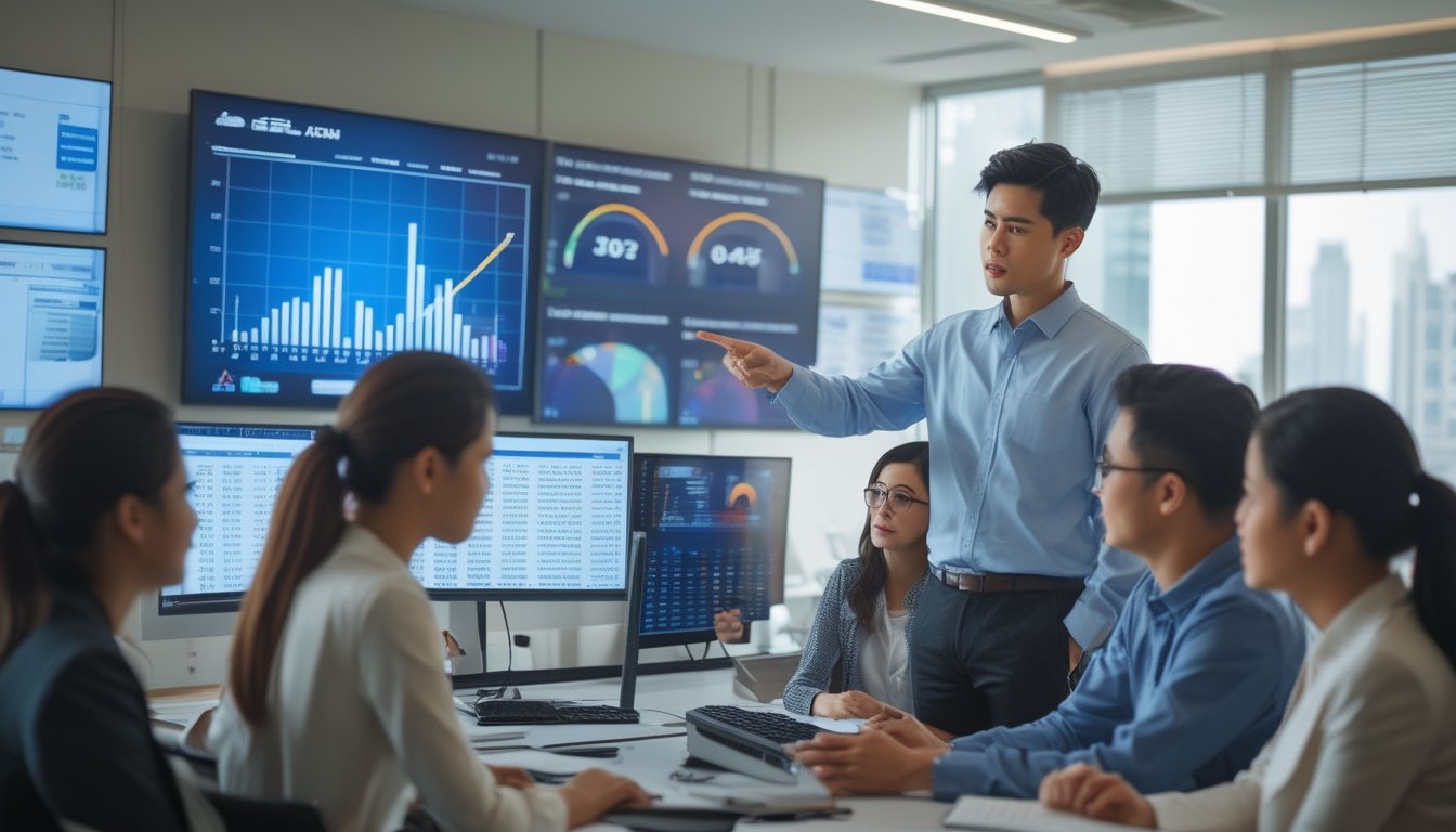 Sekelompok orang sedang berdiskusi di kantor modern dengan layar digital menampilkan data terkait taruhan togel.