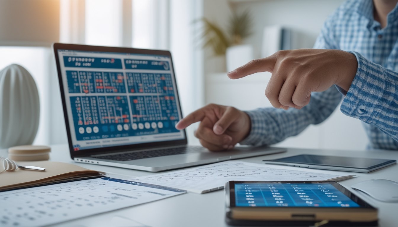 Seseorang sedang menganalisis angka dan strategi taruhan togel di meja kerja dengan laptop dan catatan.