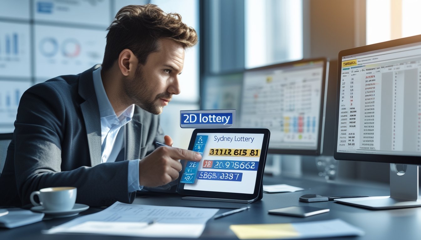 Seseorang sedang menganalisis angka togel dengan tablet di meja kerja modern.