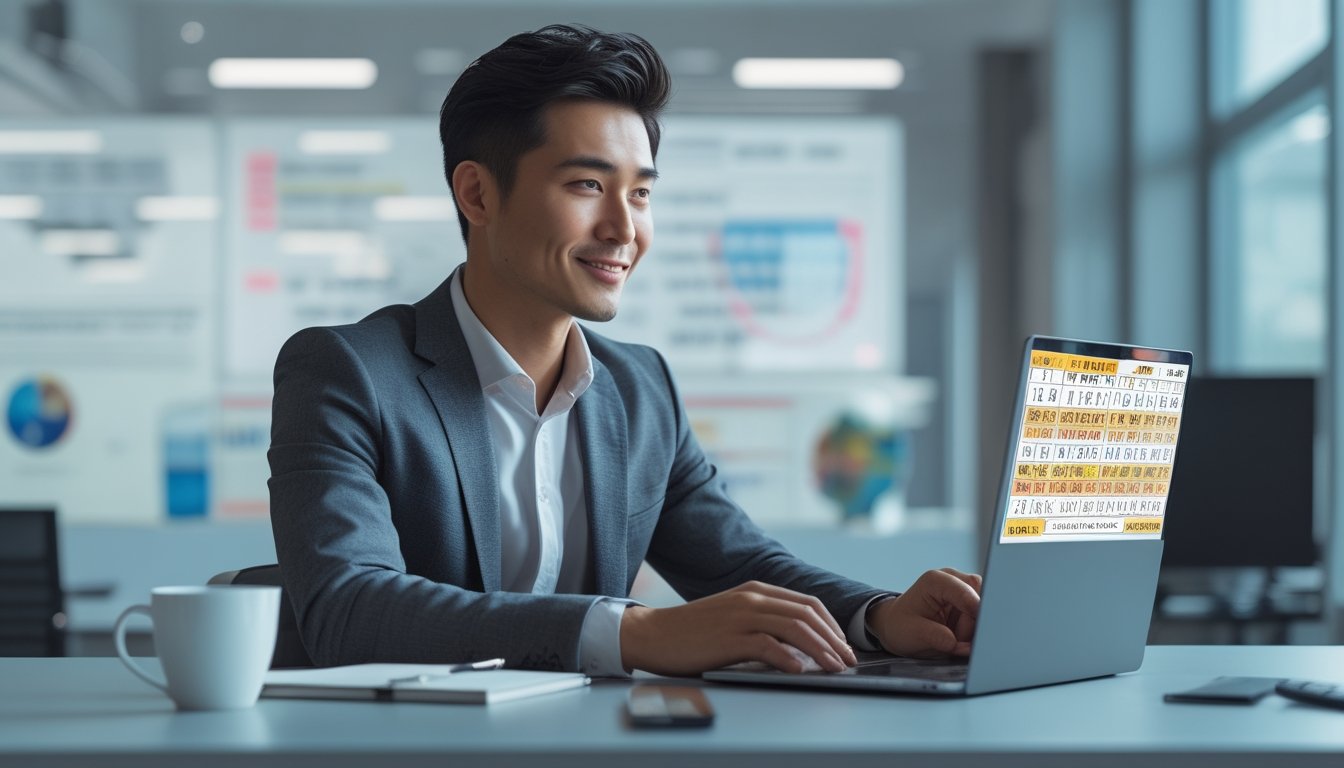 Seorang pria Asia duduk di meja kantor modern sambil melihat layar laptop dengan ekspresi fokus dan percaya diri.