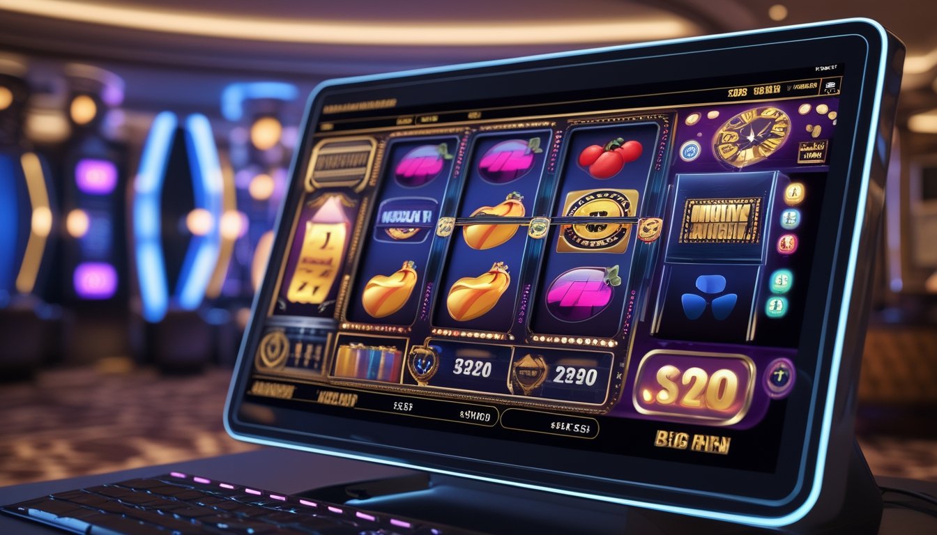 Layar komputer menampilkan mesin slot online dengan tema film dan simbol jackpot, di lingkungan kasino yang mewah.