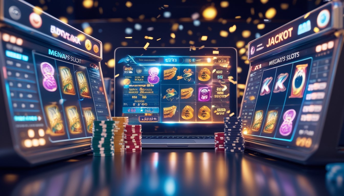 Layar perangkat digital menampilkan mesin slot dengan simbol film dan jackpot besar, dikelilingi chip kasino dan efek cahaya meriah.