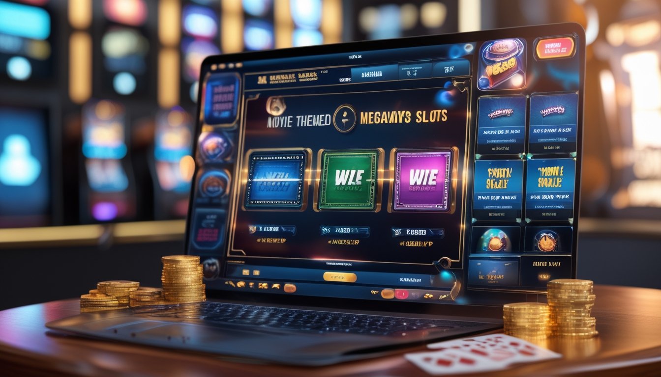 Seorang pengguna sedang bermain permainan slot online bertema film di layar komputer dengan latar belakang suasana kasino yang hangat.