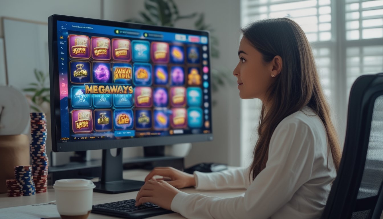 Seorang wanita muda duduk di meja kerja di rumah, fokus melihat layar komputer yang menampilkan permainan slot online bertema film dan Megaways.