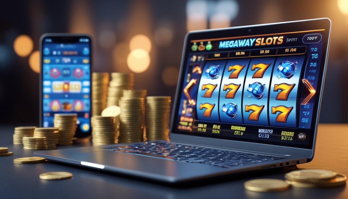 Seorang pria menggunakan laptop dengan layar menampilkan permainan slot online, dikelilingi oleh tumpukan chip poker dan koin emas di atas meja.