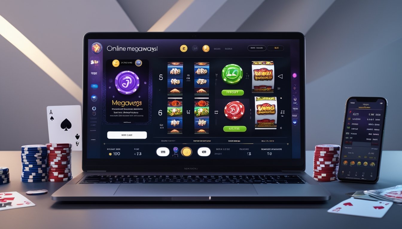 Seorang pengguna sedang bermain permainan slot Megaways di laptop dengan chip poker dan kartu di sekitarnya.