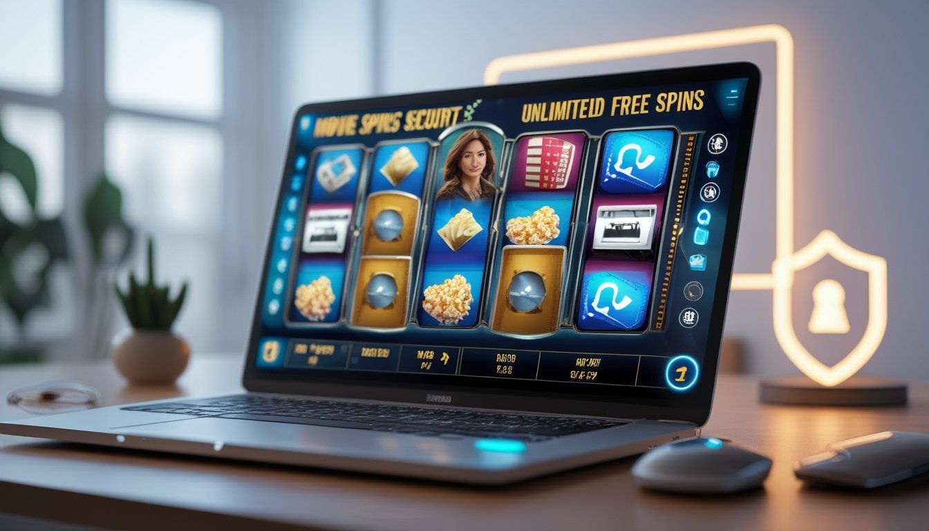 Layar komputer menampilkan permainan slot bertema film dengan simbol film dan elemen keamanan di sekitar, menunjukkan pengalaman judi online yang terpercaya.