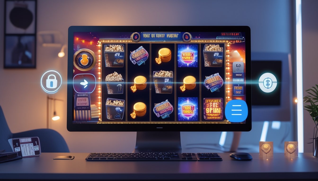 Sebuah meja kerja dengan komputer yang menampilkan permainan slot bertema film, dikelilingi oleh simbol keamanan dan fitur putaran gratis tanpa batas.