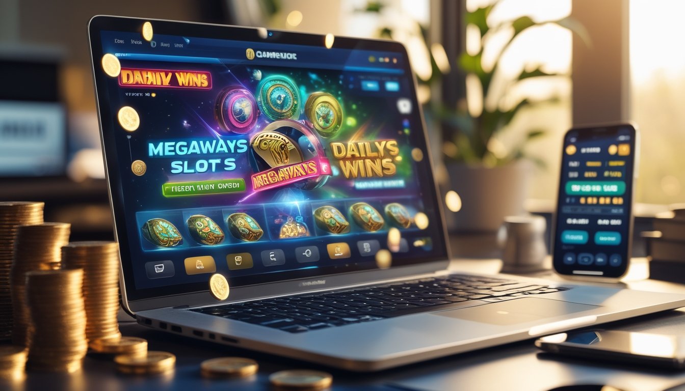 Seorang pria menggunakan laptop dengan tampilan permainan slot Megaways di layar, dikelilingi oleh tumpukan chip dan koin di meja kerja modern.