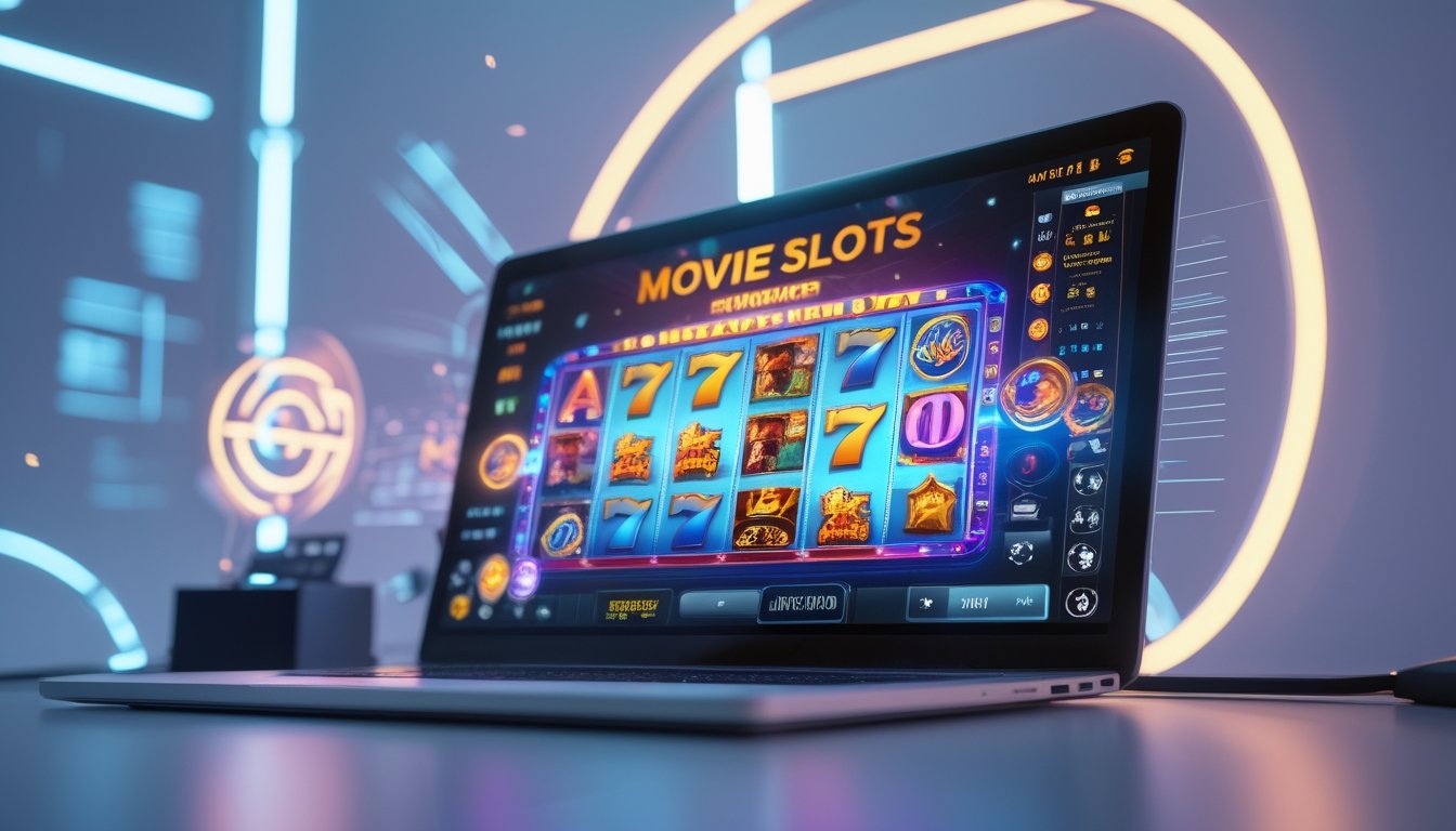 Sebuah layar komputer menampilkan permainan slot online modern dengan simbol warna-warni dan efek holografik di sekitarnya.